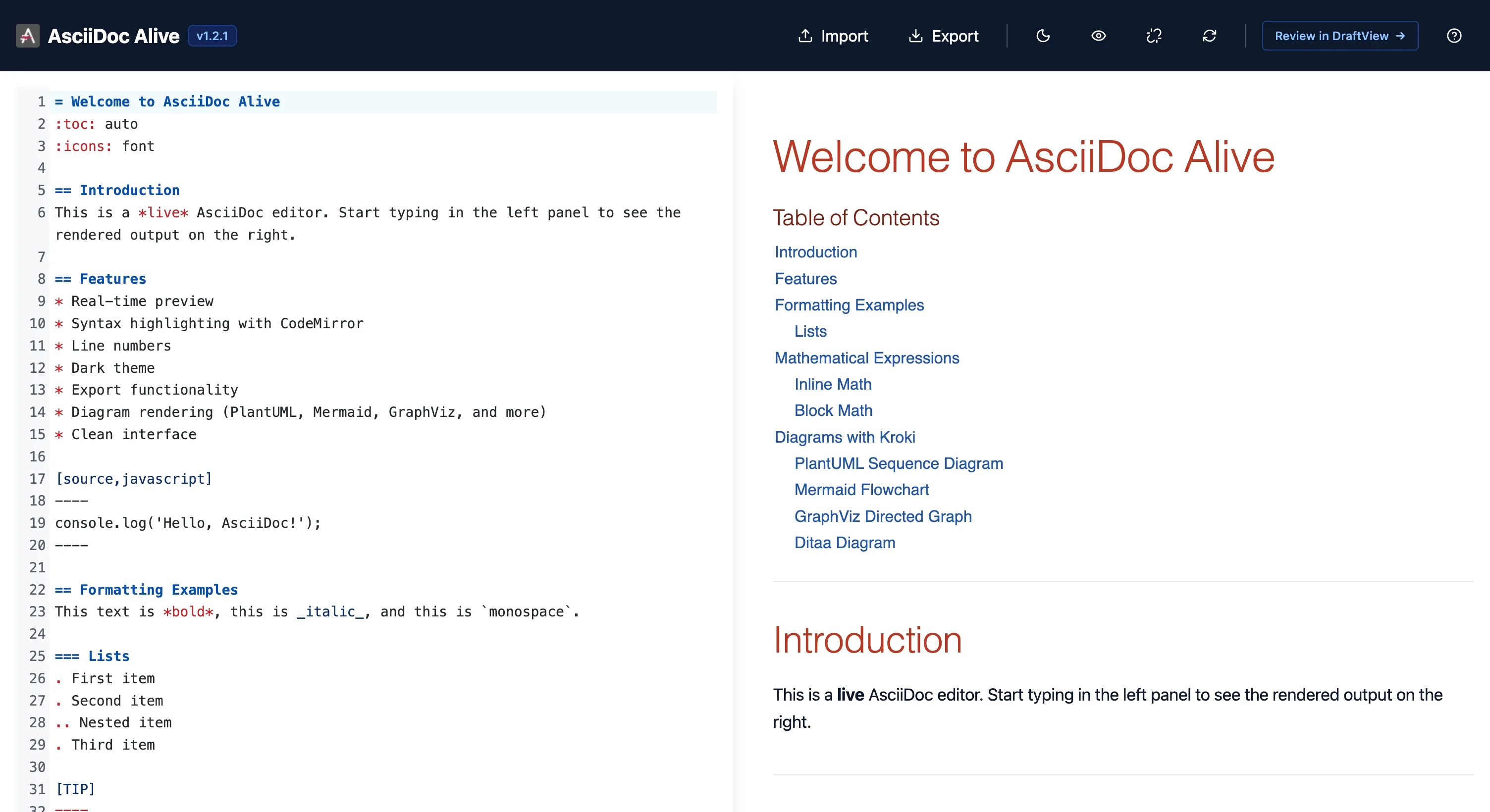 AsciiDoc Alive editor screenshot