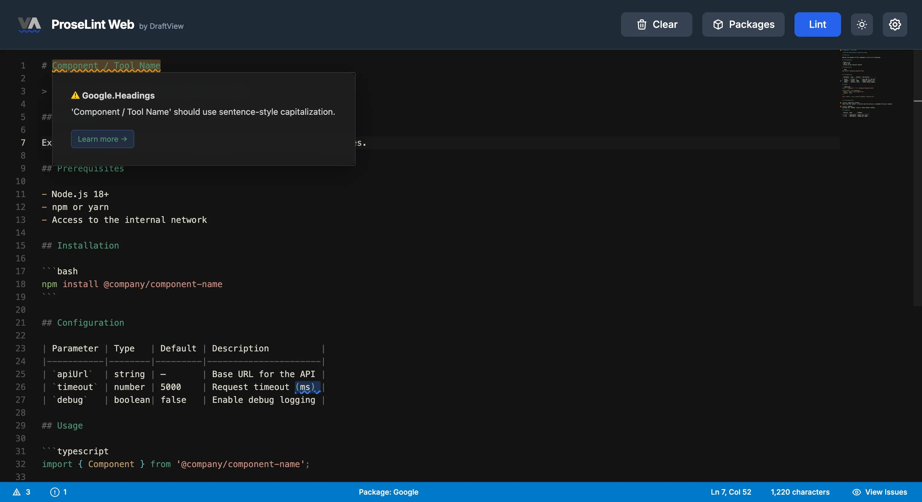 ProseLint Web editor screenshot